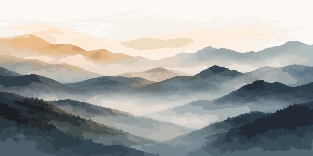ayered Blue Ridge ridgelines receding into mist at sunris